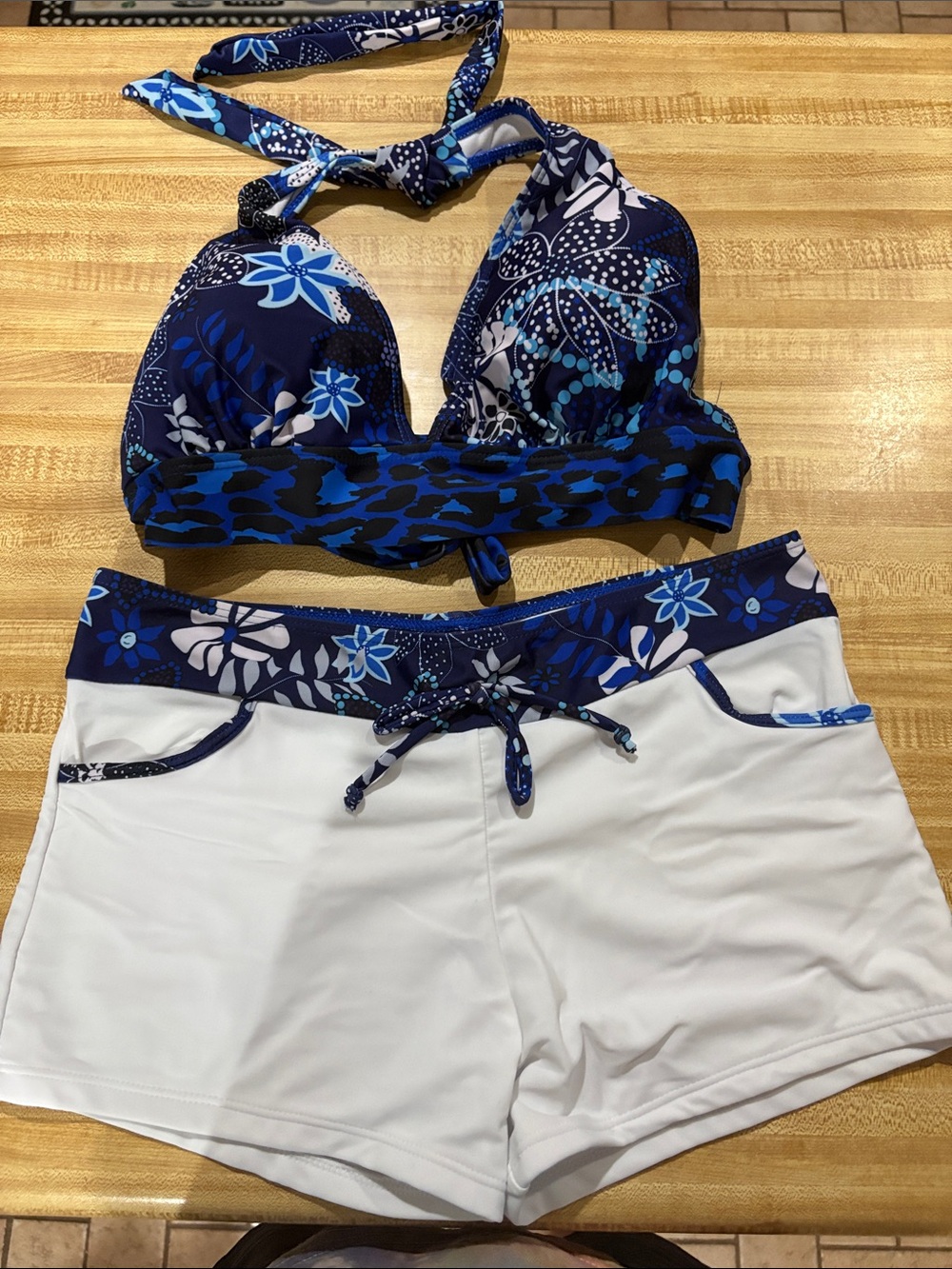 Floral Blue Halter Bikini Top with White Boardshorts Swim Set